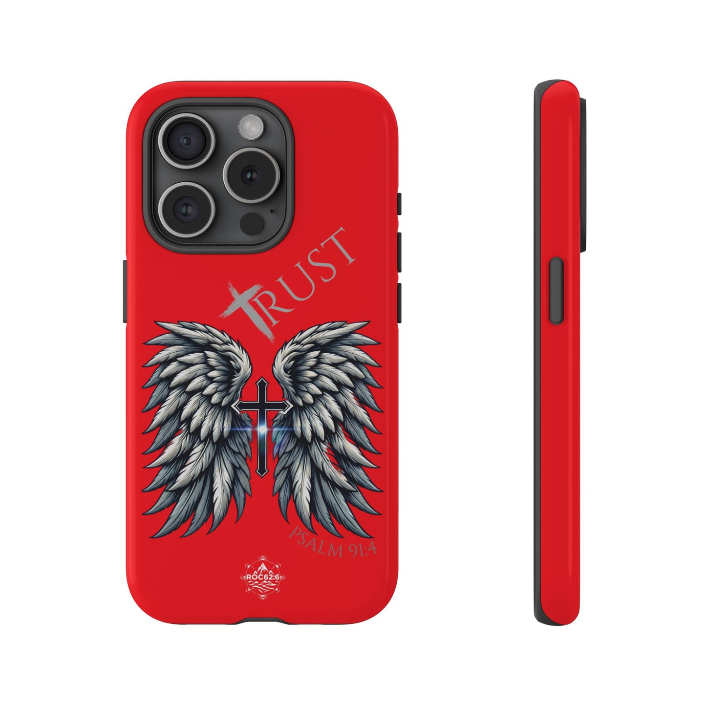 Wings Series Red Phone Case - Trust, Psalm 91:4 Design, Inspirational Gift, Christian Accessories, Spiritual Protection, Encouragement