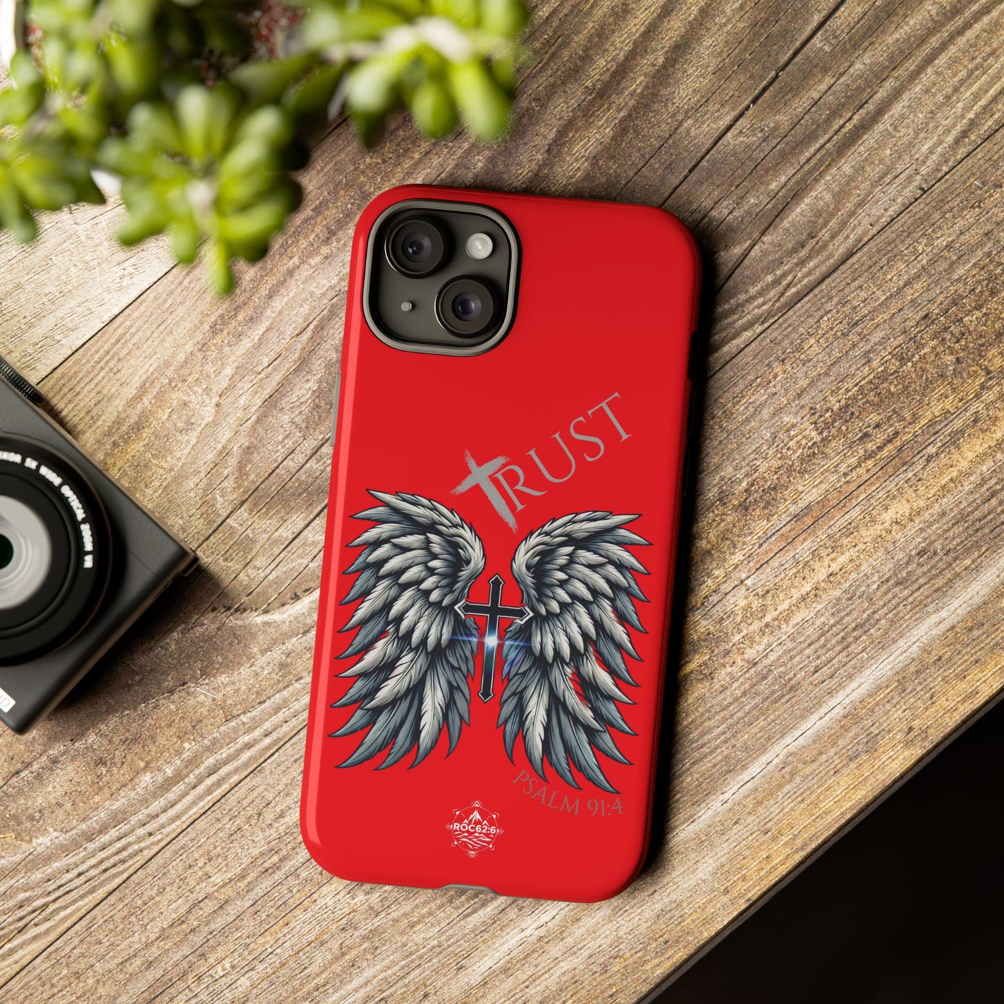 Wings Series Red Phone Case - Trust, Psalm 91:4 Design, Inspirational Gift, Christian Accessories, Spiritual Protection, Encouragement