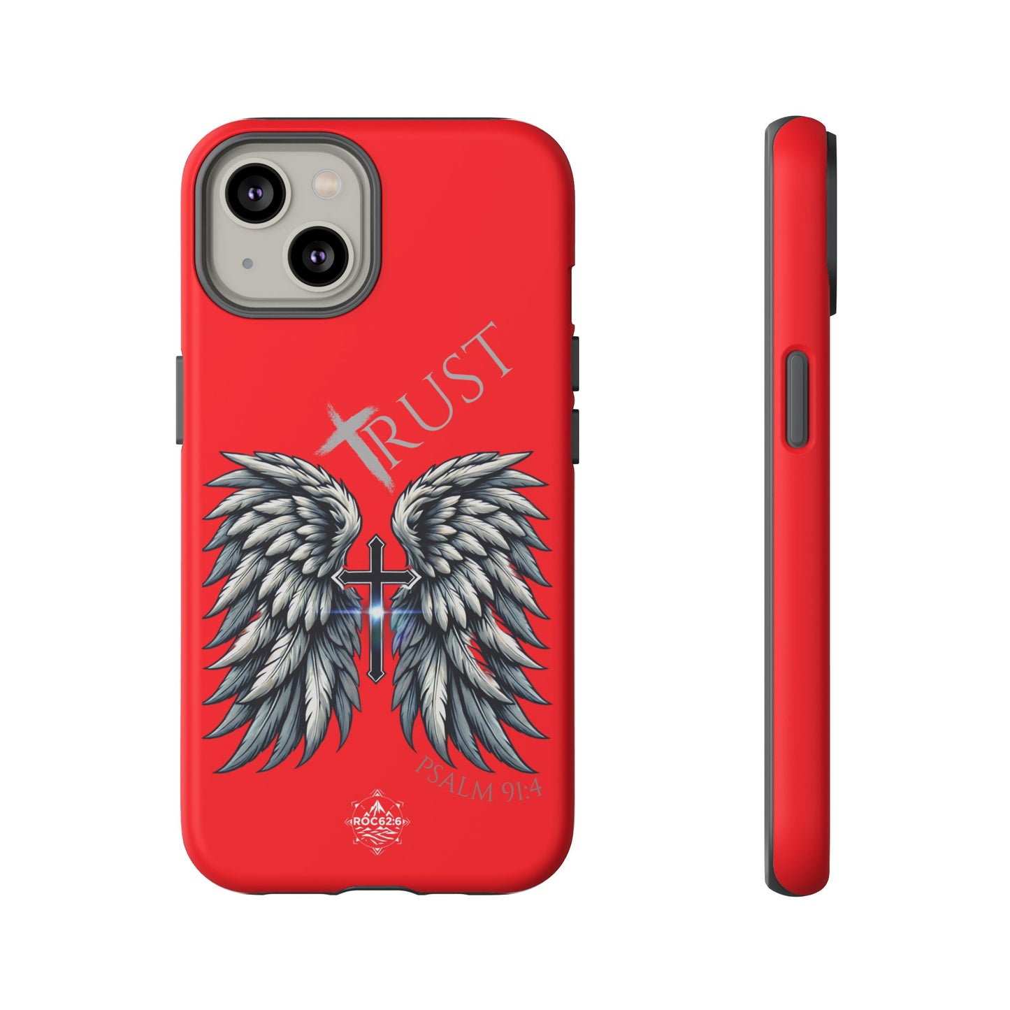 Wings Series Red Phone Case - Trust, Psalm 91:4 Design, Inspirational Gift, Christian Accessories, Spiritual Protection, Encouragement