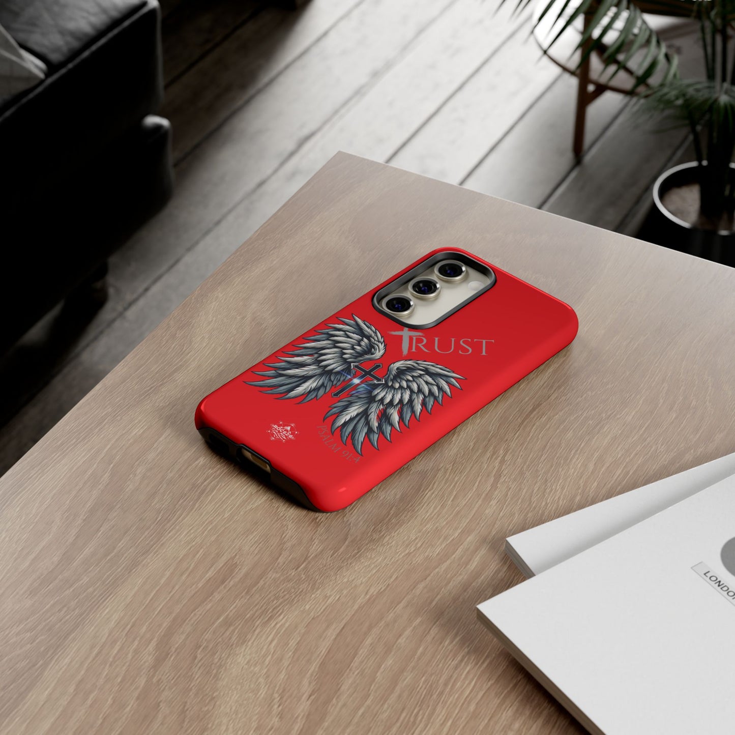 Wings Series Red Phone Case - Trust, Psalm 91:4 Design, Inspirational Gift, Christian Accessories, Spiritual Protection, Encouragement