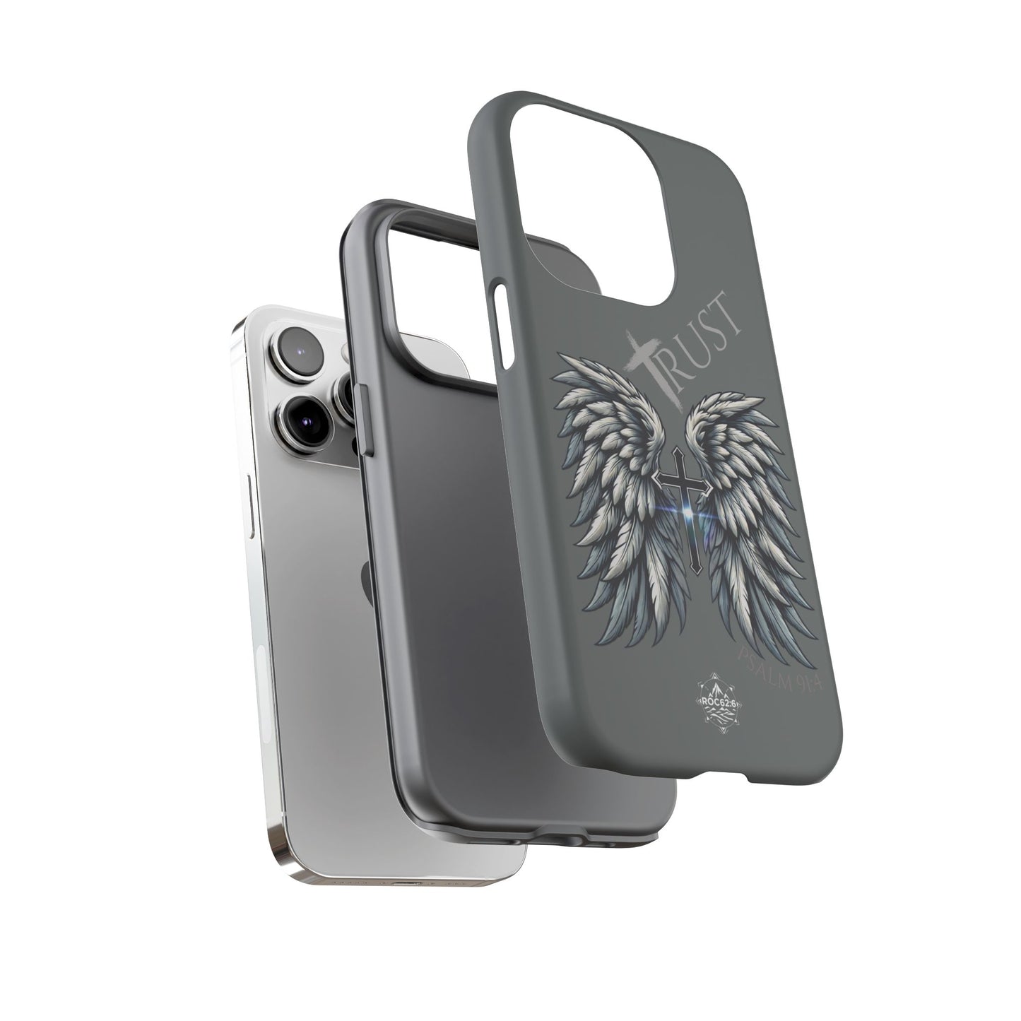 Wings Series Dark Grey Phone Case - Trust, Psalm 91:4 Design, Inspirational Gift, Christian Accessories, Spiritual Protection, Encouragement
