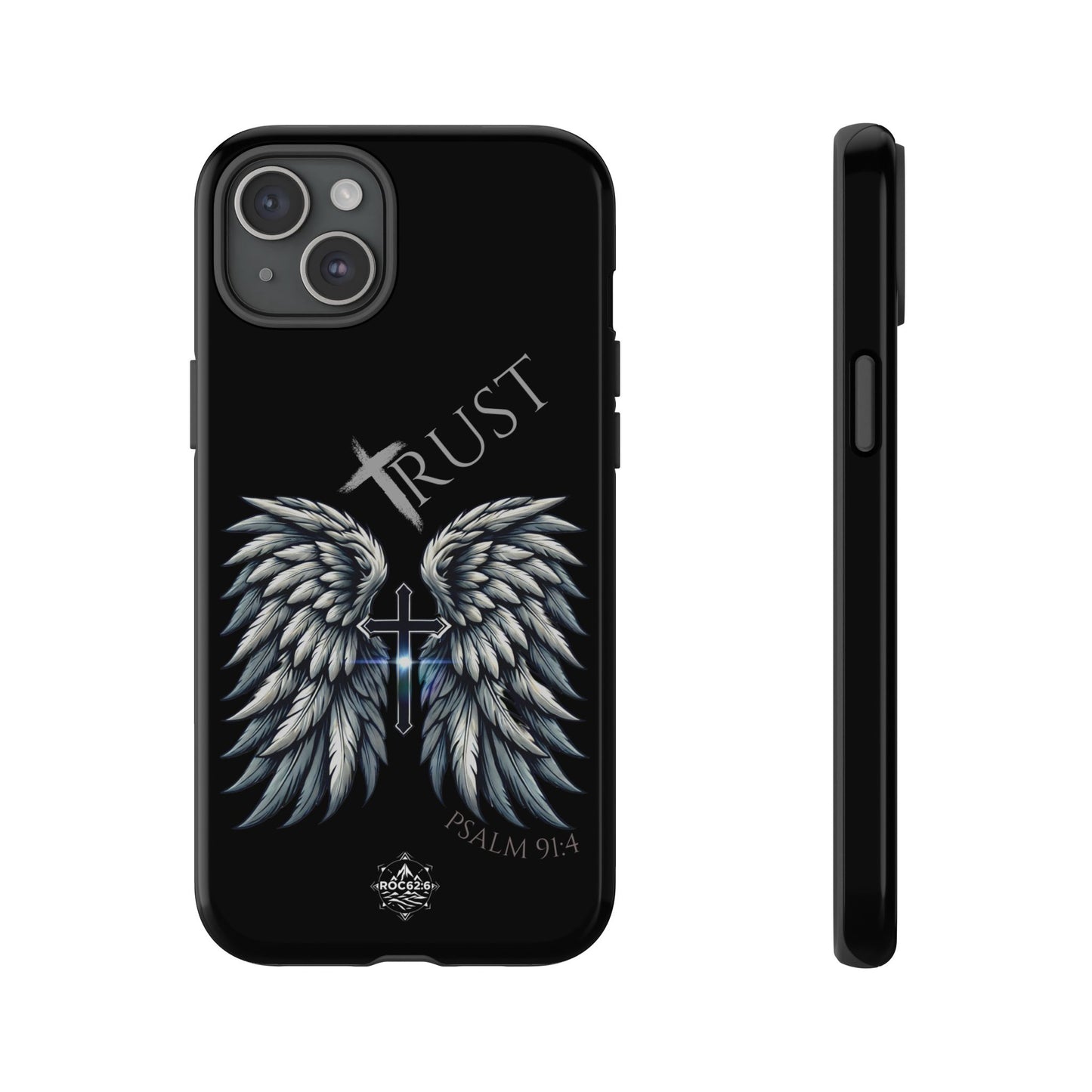 Wings Series Black Phone Case - Trust, Psalm 91:4 Design, Inspirational Gift, Christian Accessories, Spiritual Protection, Encouragement
