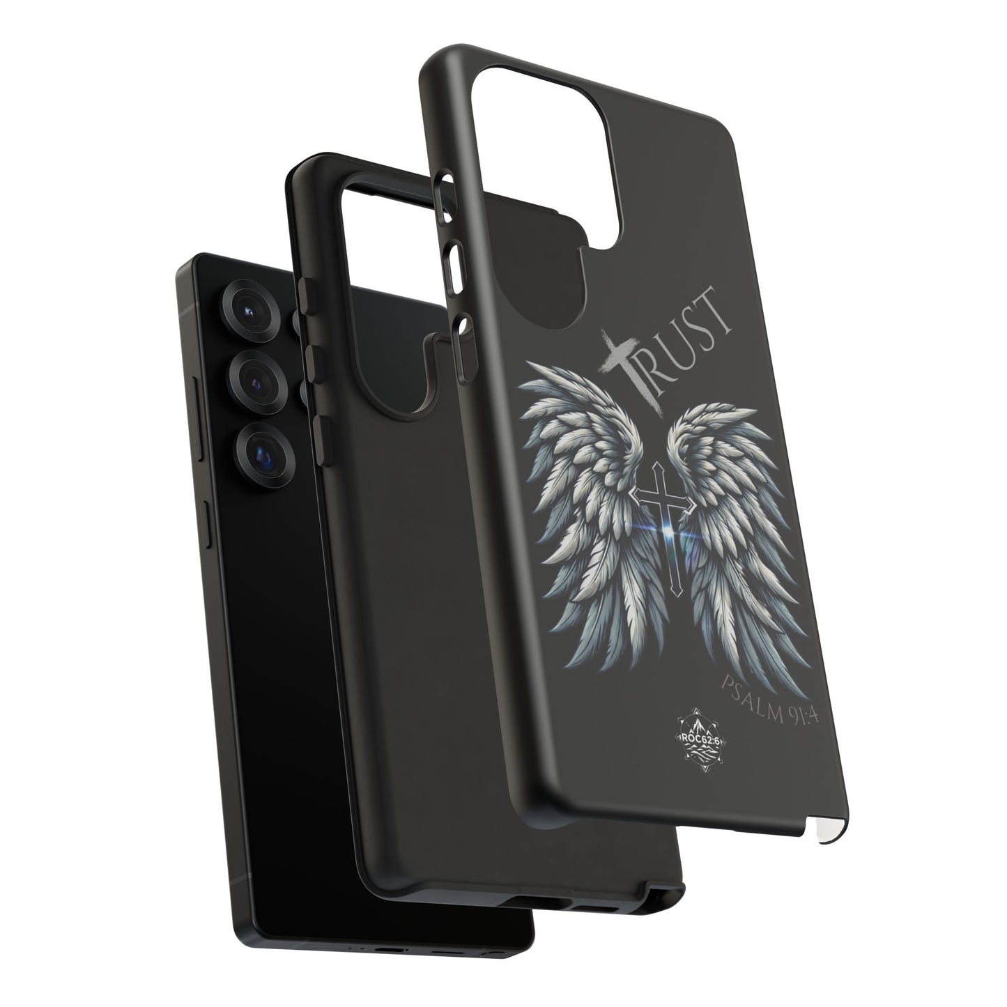 Wings Series Black Phone Case - Trust, Psalm 91:4 Design, Inspirational Gift, Christian Accessories, Spiritual Protection, Encouragement