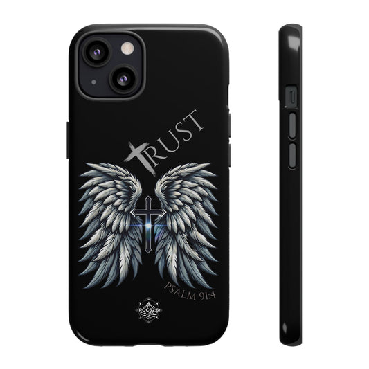 Wings Series Black Phone Case - Trust, Psalm 91:4 Design, Inspirational Gift, Christian Accessories, Spiritual Protection, Encouragement