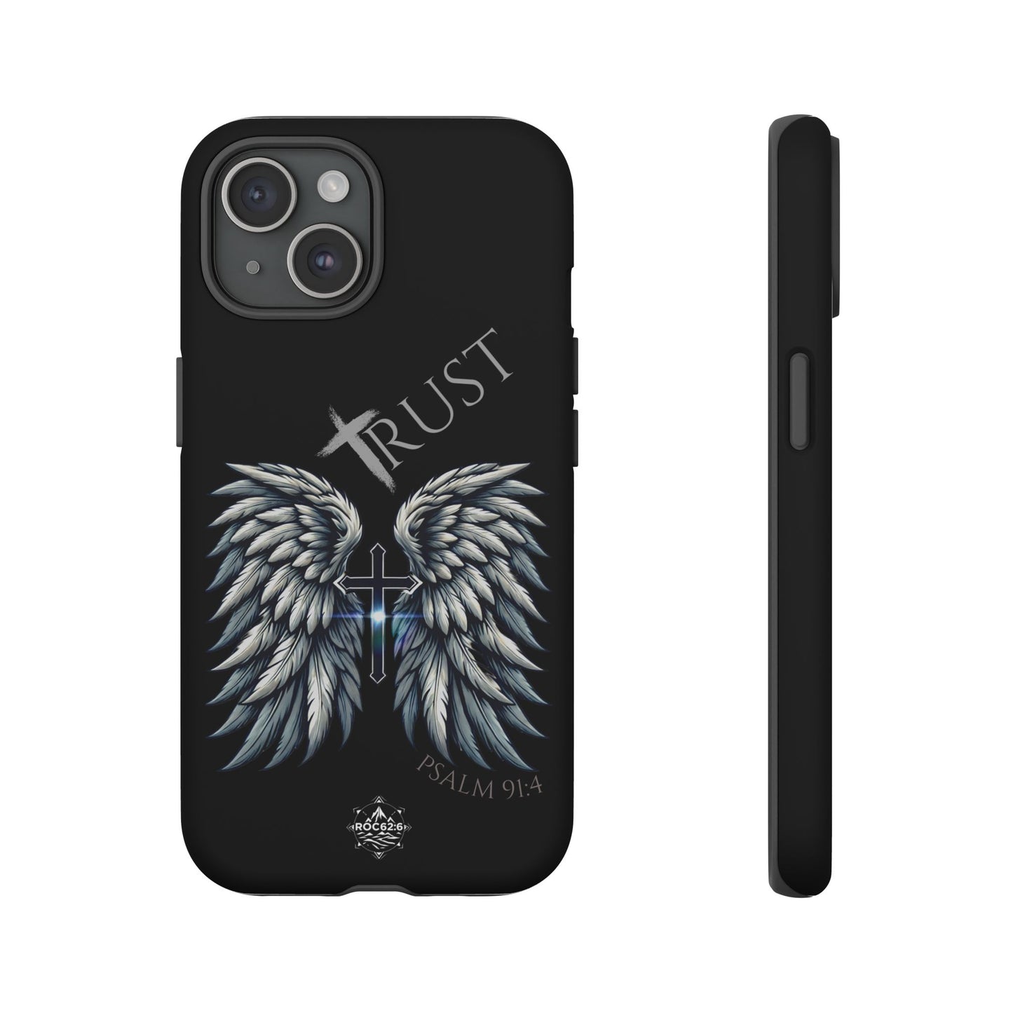 Wings Series Black Phone Case - Trust, Psalm 91:4 Design, Inspirational Gift, Christian Accessories, Spiritual Protection, Encouragement