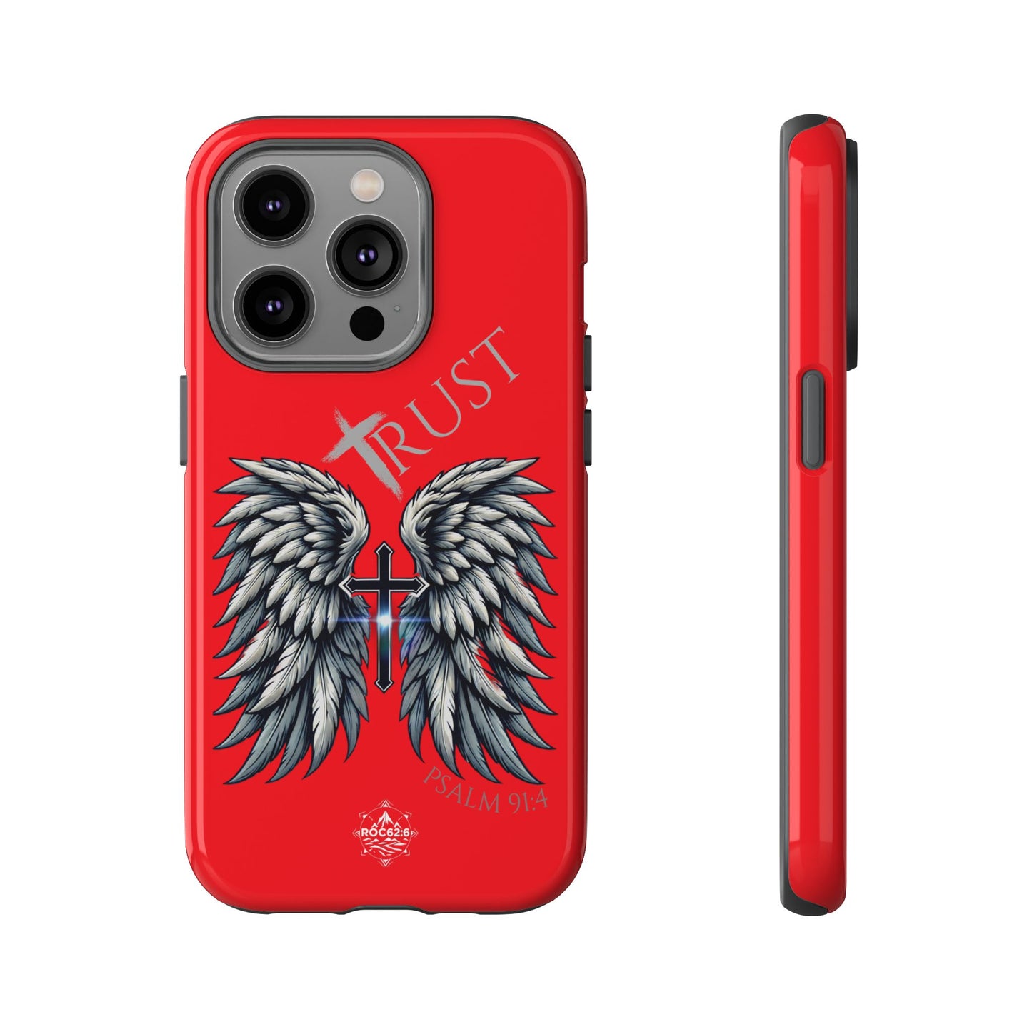 Wings Series Red Phone Case - Trust, Psalm 91:4 Design, Inspirational Gift, Christian Accessories, Spiritual Protection, Encouragement
