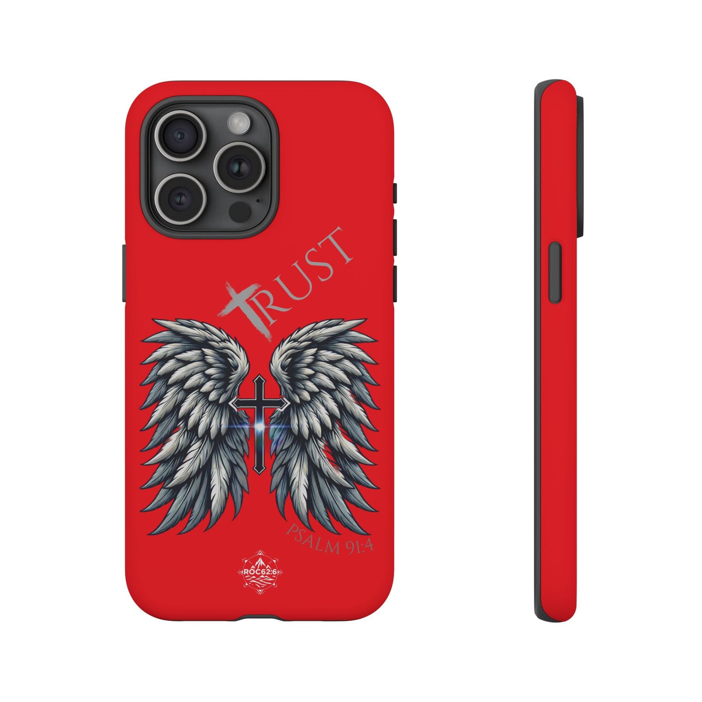 Wings Series Red Phone Case - Trust, Psalm 91:4 Design, Inspirational Gift, Christian Accessories, Spiritual Protection, Encouragement