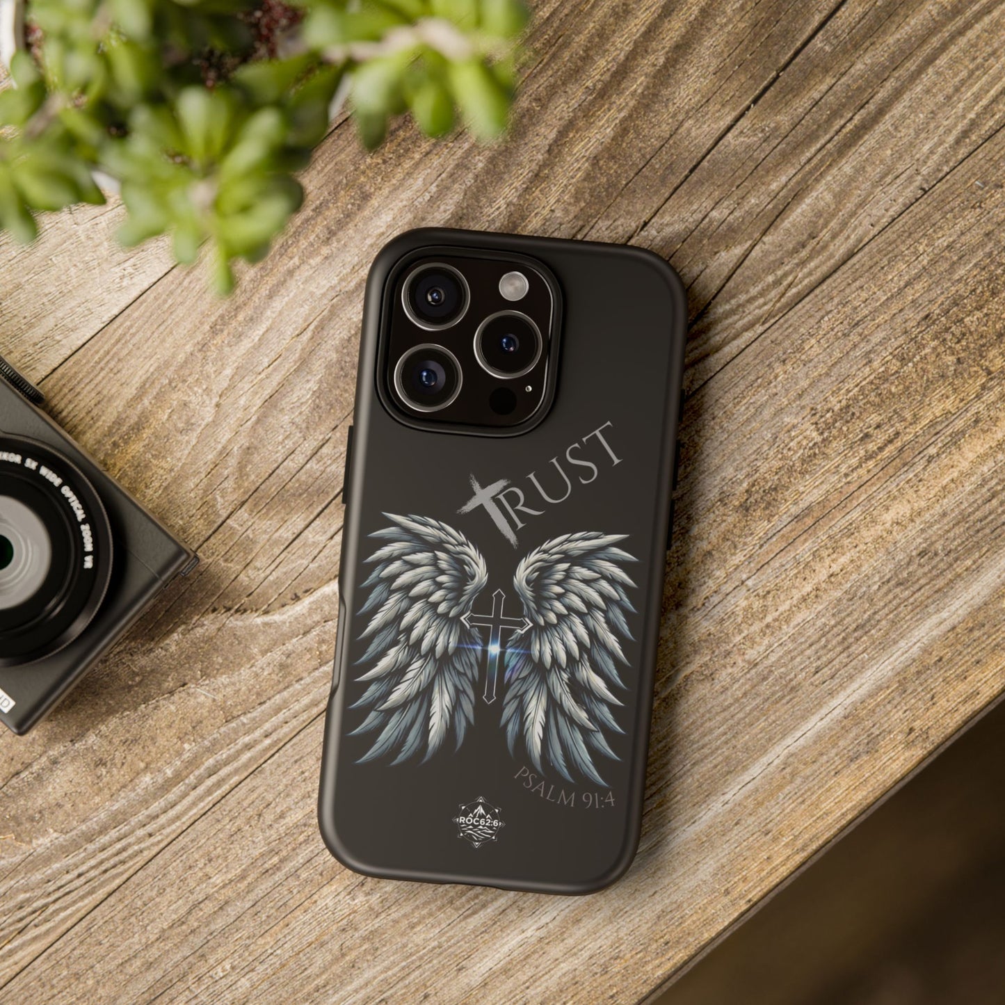 Wings Series Black Phone Case - Trust, Psalm 91:4 Design, Inspirational Gift, Christian Accessories, Spiritual Protection, Encouragement