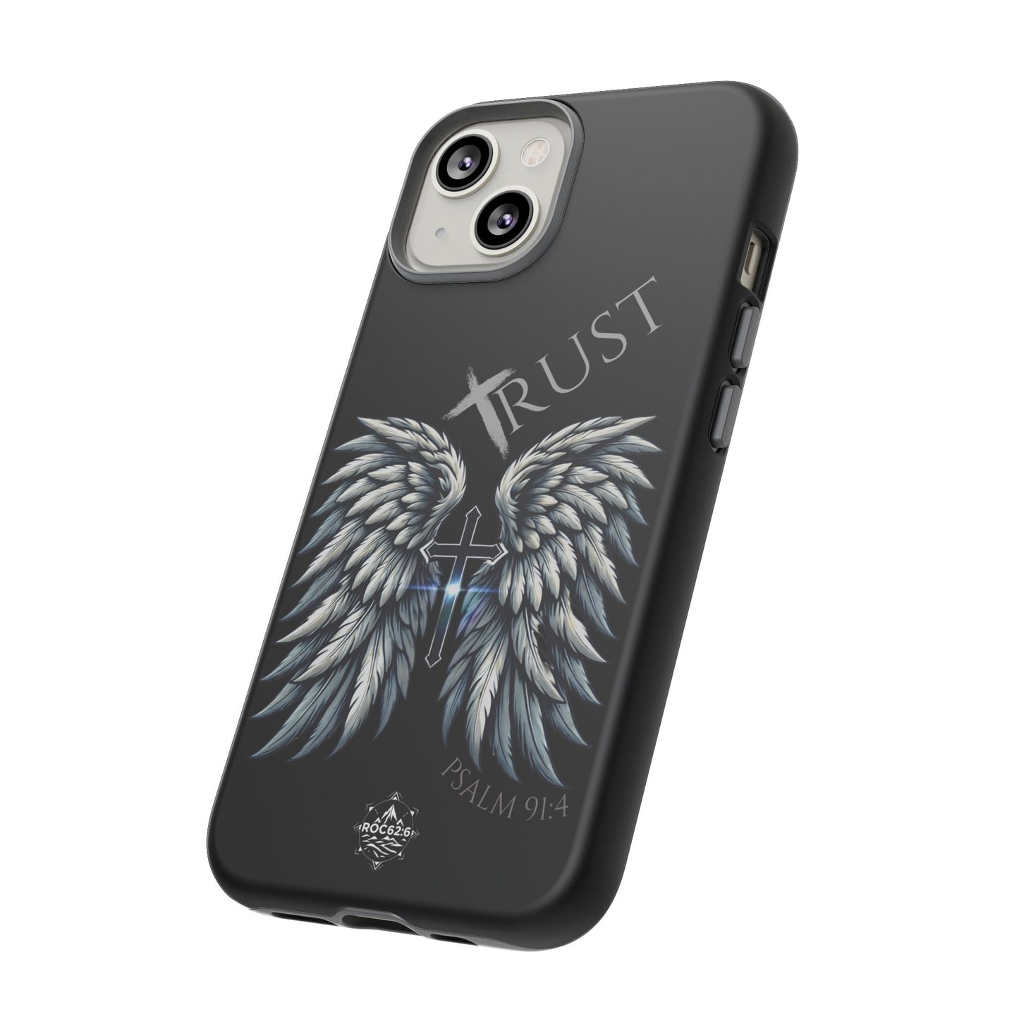 Wings Series Black Phone Case - Trust, Psalm 91:4 Design, Inspirational Gift, Christian Accessories, Spiritual Protection, Encouragement