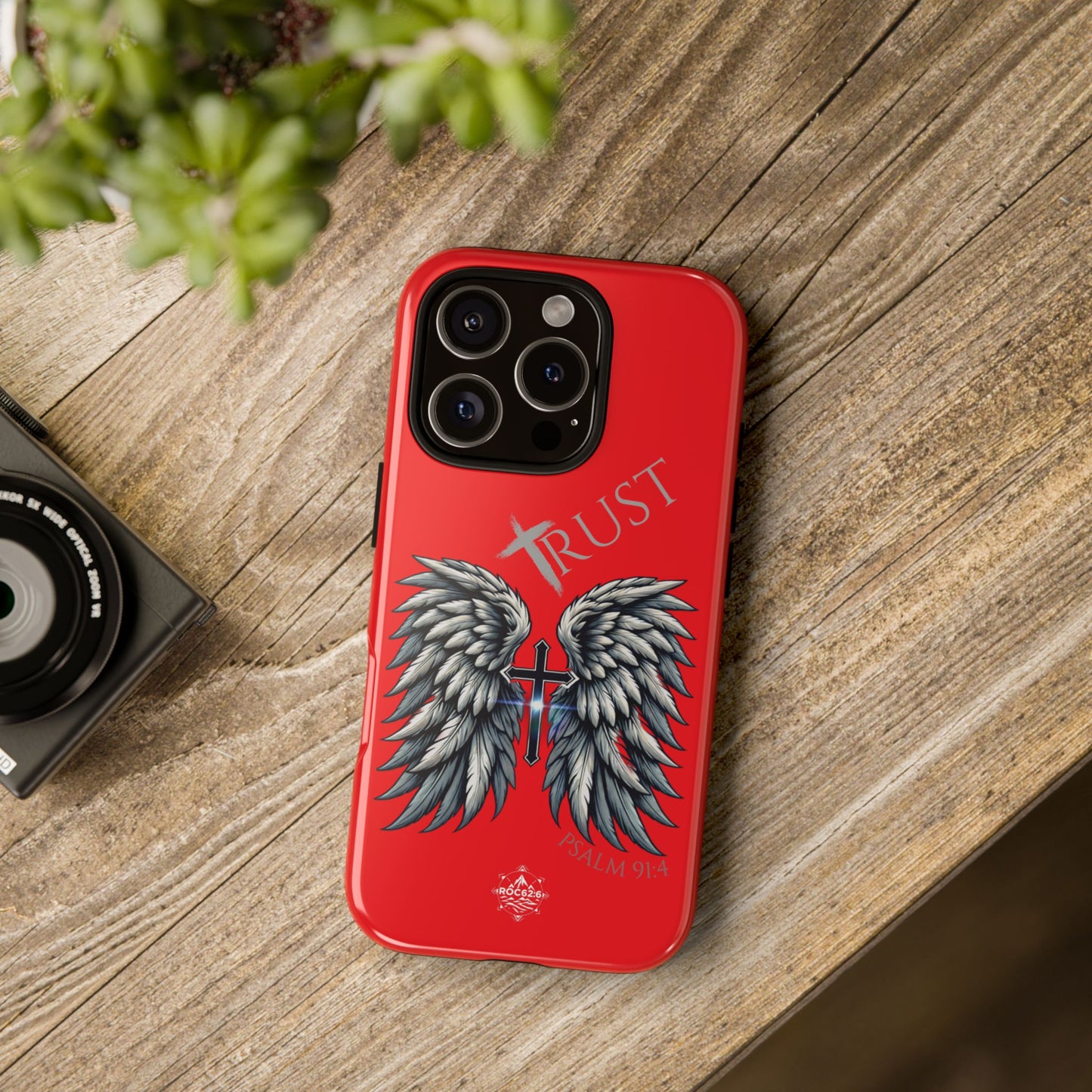 Wings Series Red Phone Case - Trust, Psalm 91:4 Design, Inspirational Gift, Christian Accessories, Spiritual Protection, Encouragement