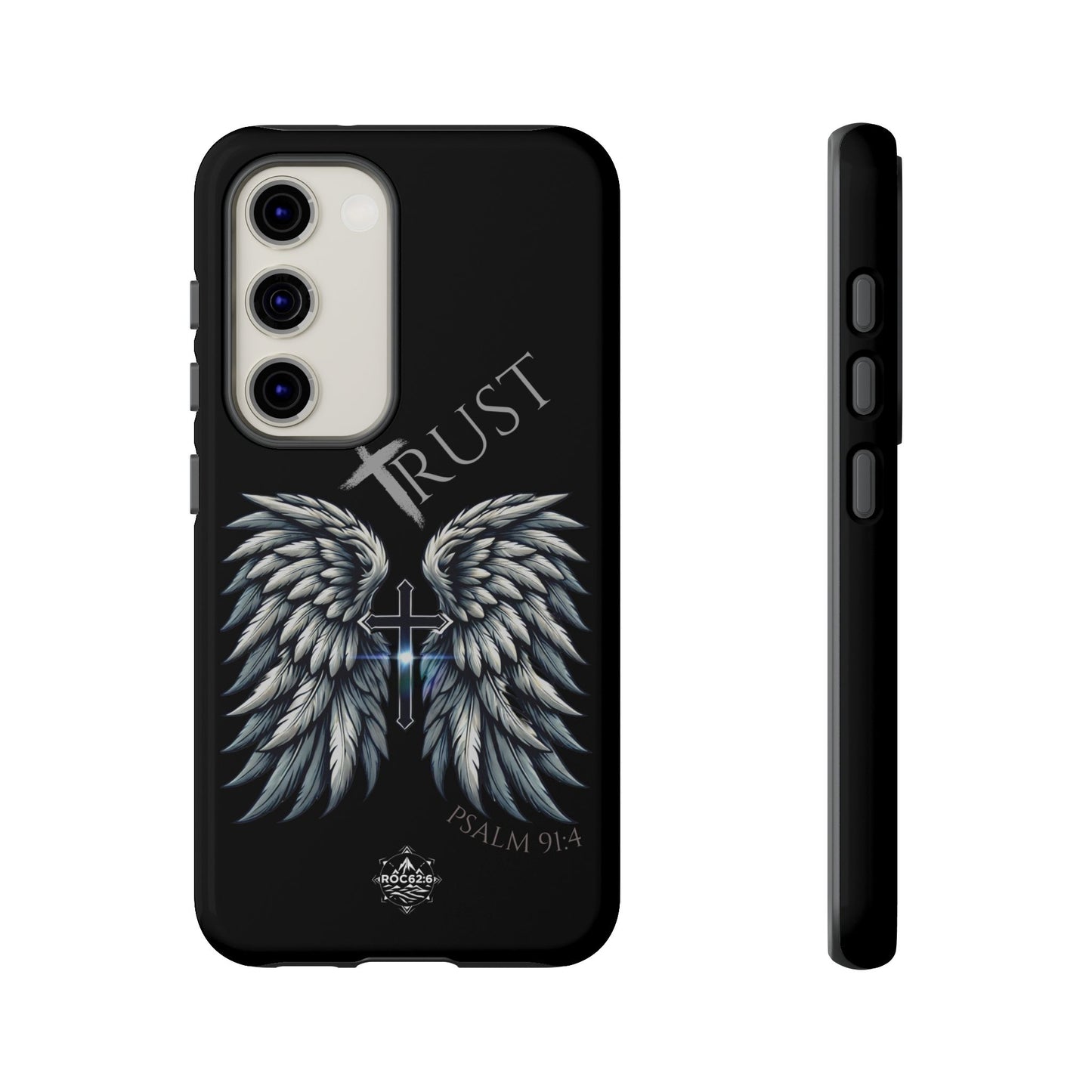Wings Series Black Phone Case - Trust, Psalm 91:4 Design, Inspirational Gift, Christian Accessories, Spiritual Protection, Encouragement