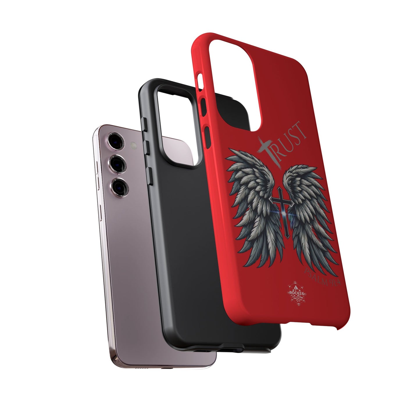 Wings Series Red Phone Case - Trust, Psalm 91:4 Design, Inspirational Gift, Christian Accessories, Spiritual Protection, Encouragement
