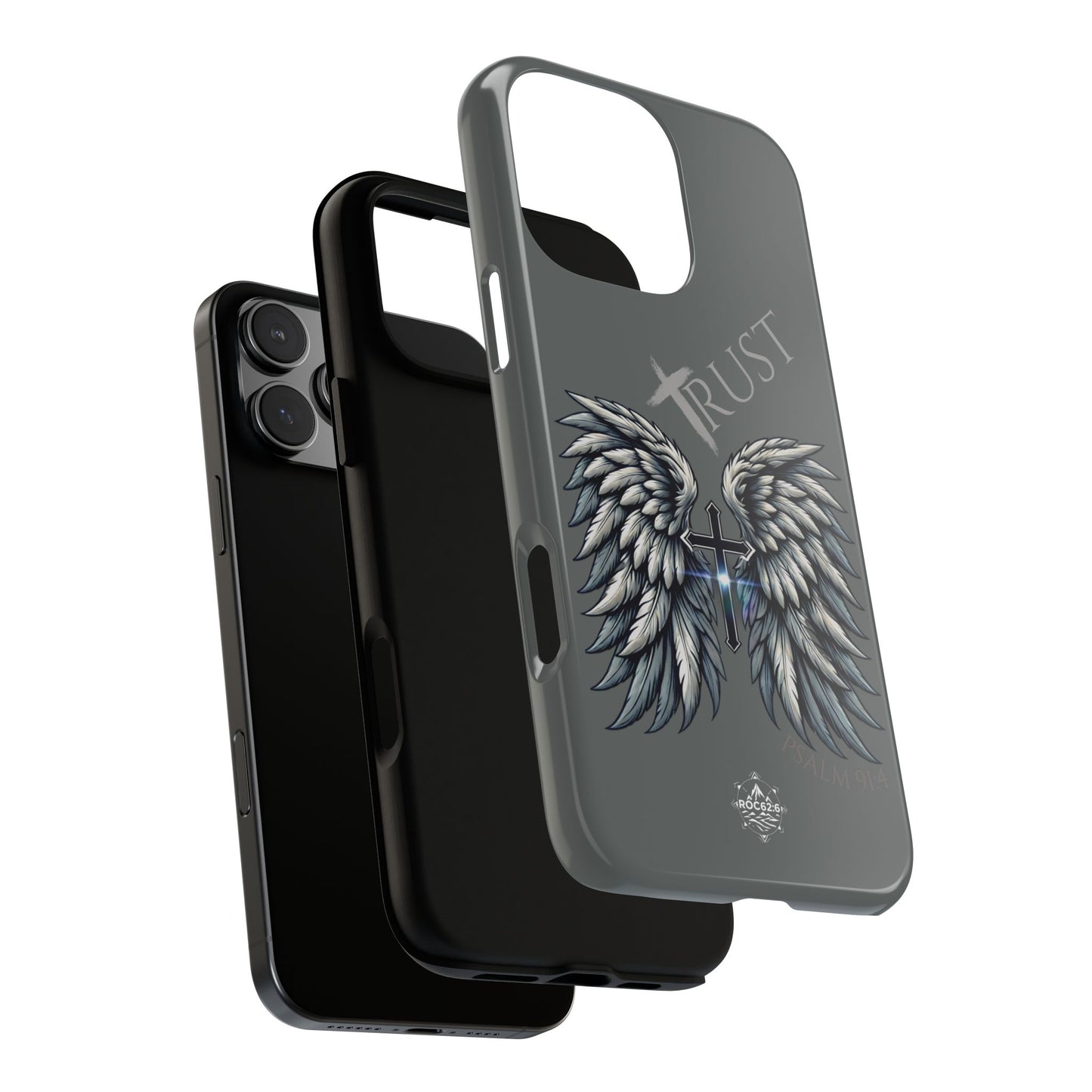 Wings Series Dark Grey Phone Case - Trust, Psalm 91:4 Design, Inspirational Gift, Christian Accessories, Spiritual Protection, Encouragement