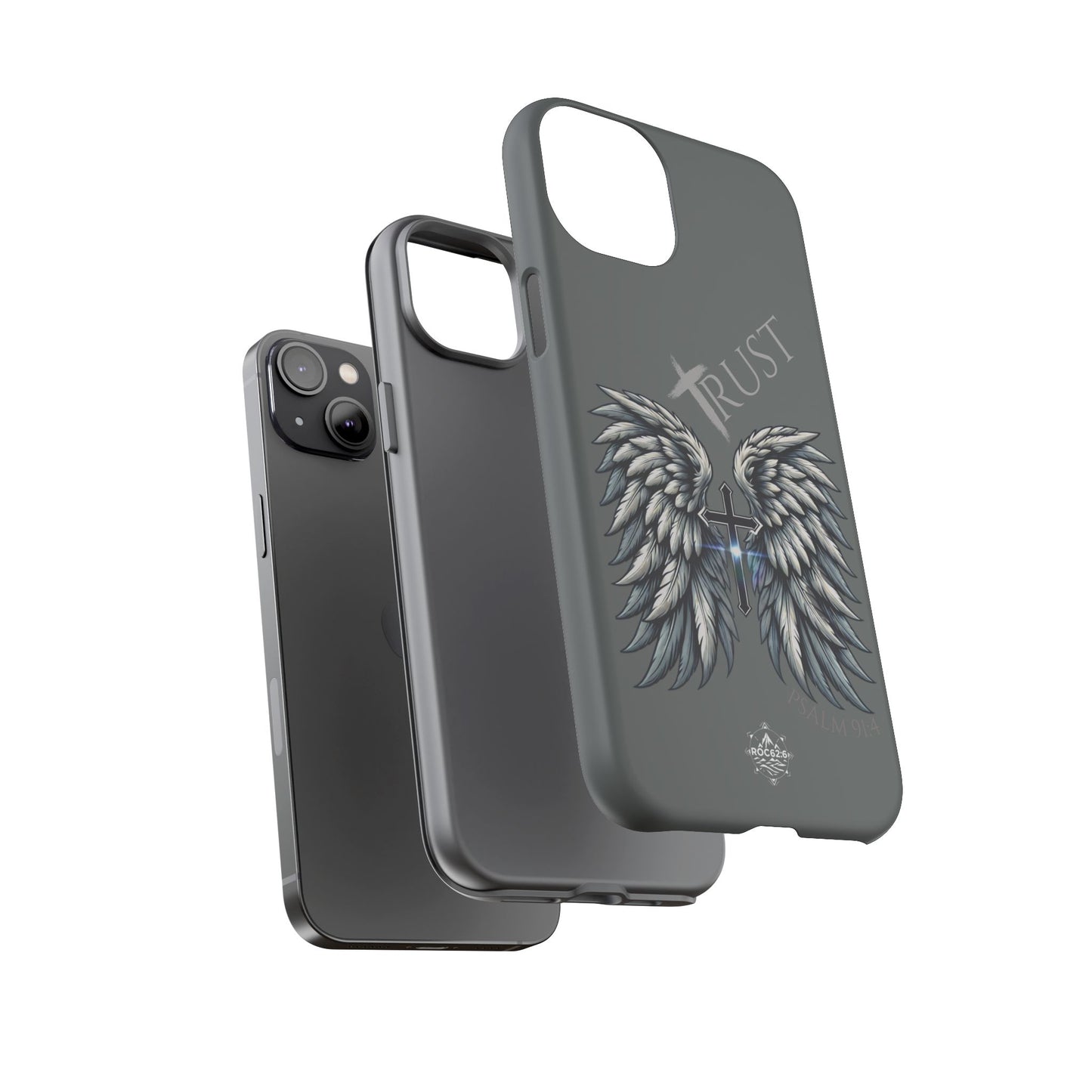 Wings Series Dark Grey Phone Case - Trust, Psalm 91:4 Design, Inspirational Gift, Christian Accessories, Spiritual Protection, Encouragement