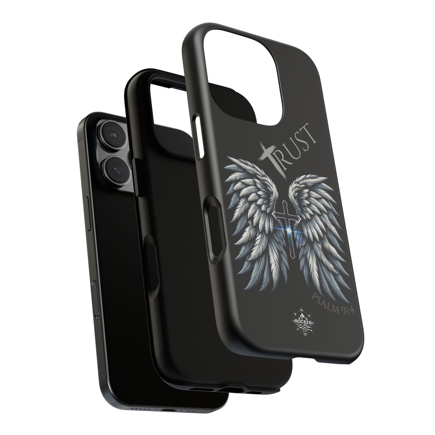 Wings Series Black Phone Case - Trust, Psalm 91:4 Design, Inspirational Gift, Christian Accessories, Spiritual Protection, Encouragement