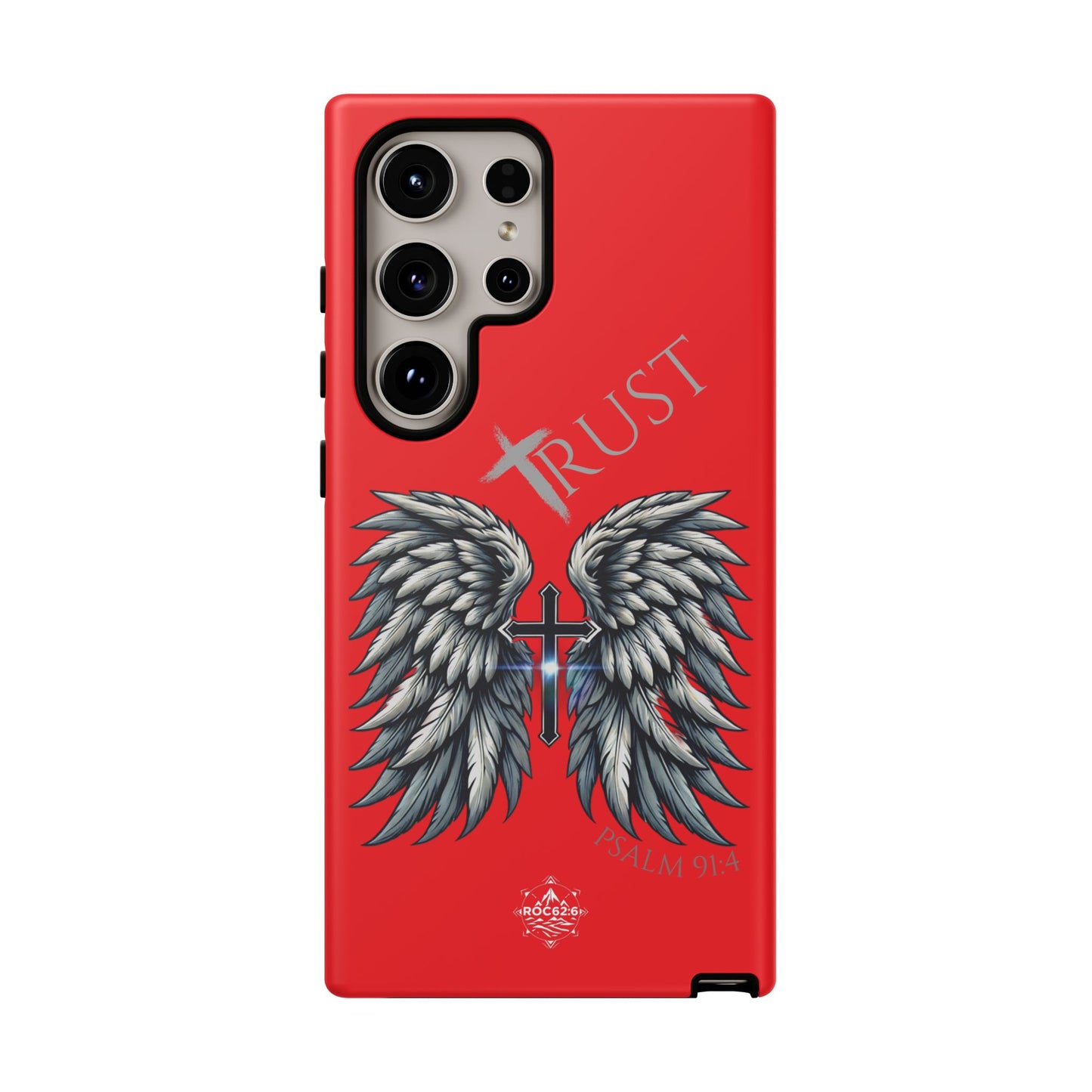 Wings Series Red Phone Case - Trust, Psalm 91:4 Design, Inspirational Gift, Christian Accessories, Spiritual Protection, Encouragement