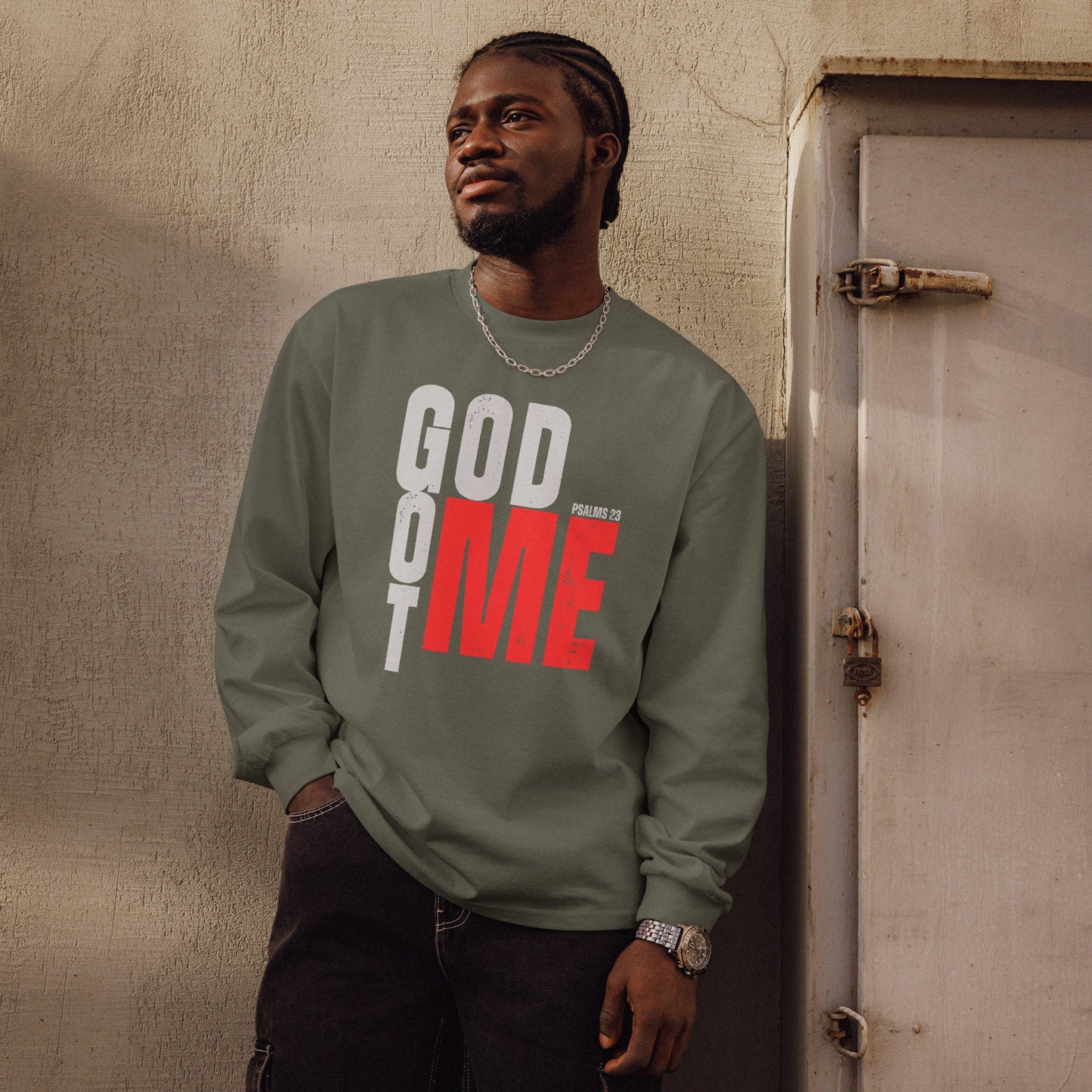 GOD GOT ME Premium heavyweight long sleeve shirt, Psalm 23 Tee, God with Me Tee, Christian Apparel, Christian Attire, Jesus With Me Tee.