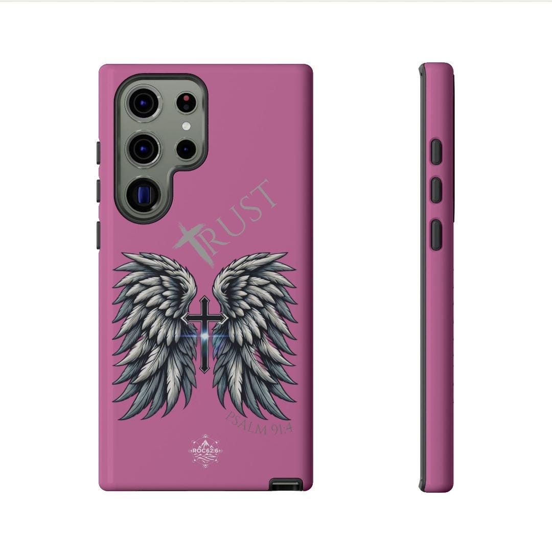 Wings Series Pink Phone Case - Trust, Psalm 91:4 Design, Inspirational Gift, Christian Accessories, Spiritual Protection, Encouragement