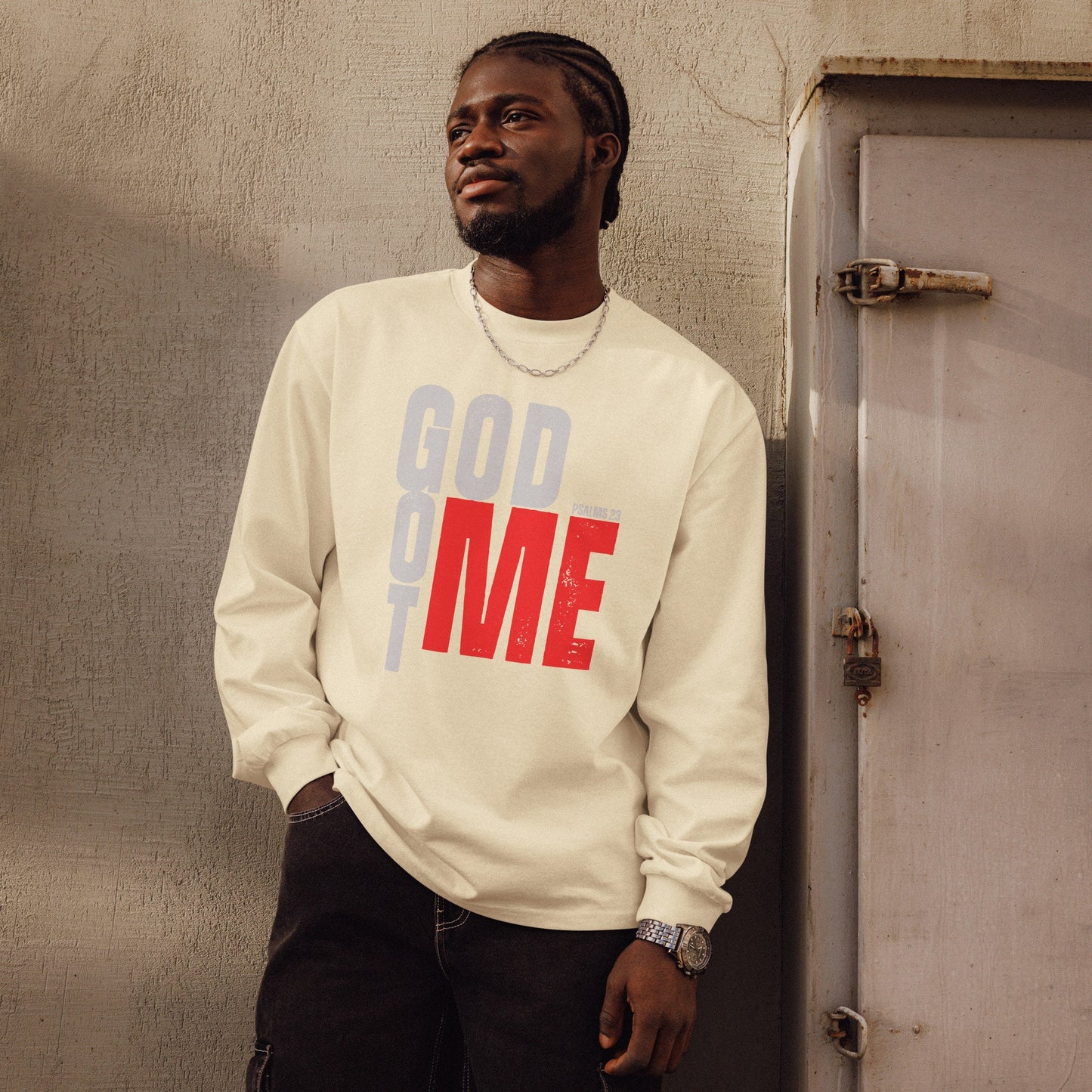 GOD GOT ME Premium heavyweight long sleeve shirt, Psalm 23 Tee, God with Me Tee, Christian Apparel, Christian Attire, Jesus With Me Tee.